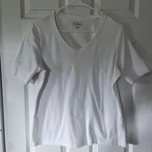 L.L.Bean, Women's, Double L Rib-Knit Tee Vneck Elbow Sleeve, White, Large